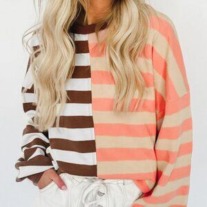 B003 Brown Stripe Color Block Drop Shoulder Sweatshirt